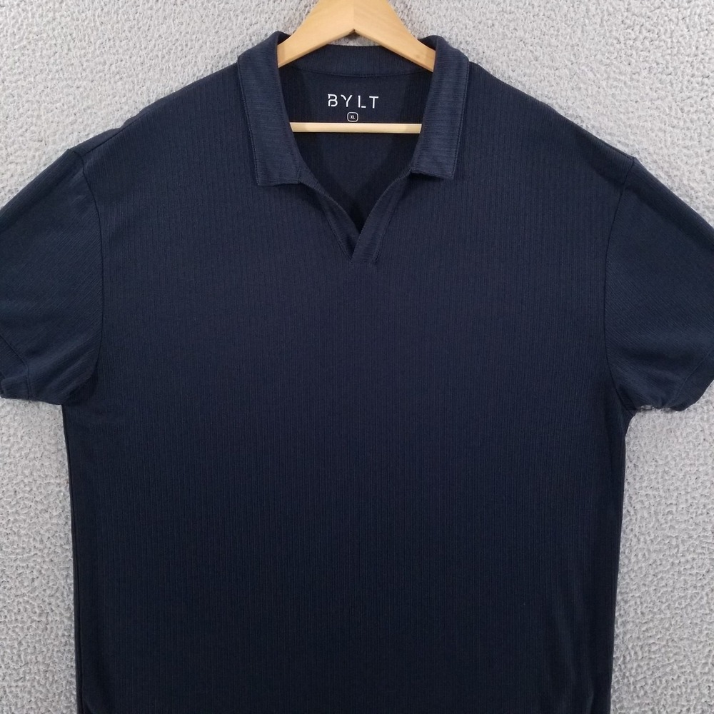 BYLT Polo Shirt Mens XL Blue Ribbed Open V Short Sleeve Casual Modern Collared